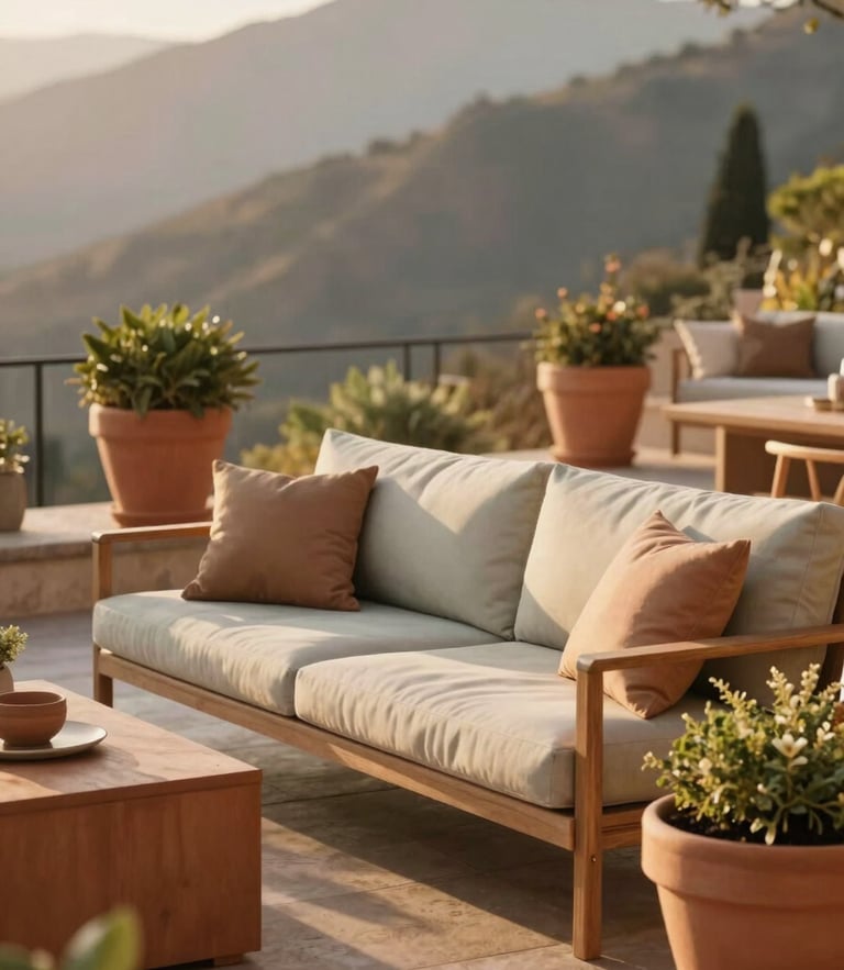 Warm golden-hour daylight illuminating a beautifully styled mountain patio with terracotta planters and high-end outdoor sofas, shallow depth of field, 35mm