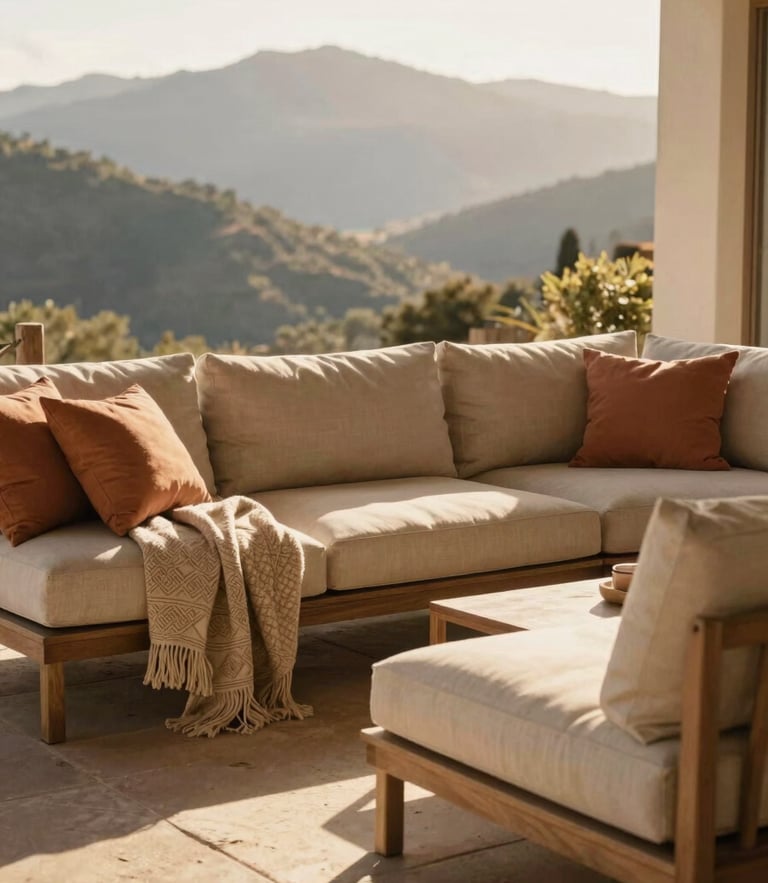 A sun-drenched porch with high-end outdoor sofas and textured throws under warm golden-hour sunlight, mountain backdrop styling, 35mm editorial photography.