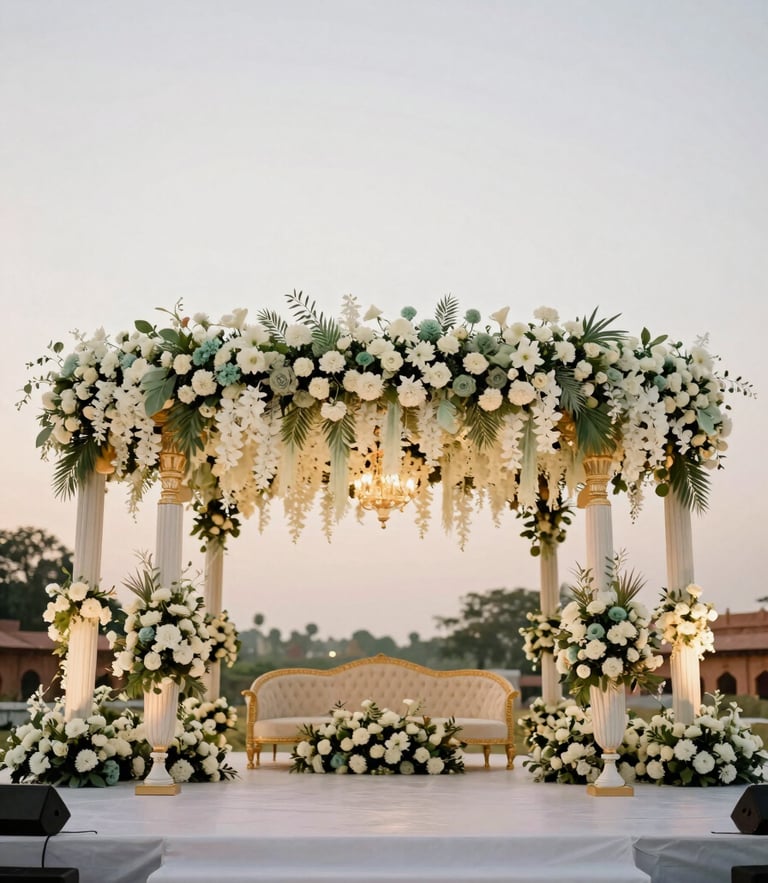 Wide-angle architectural shot of a luxury Indian wedding stage in Lucknow, cascading white and sage-green floral installations, soft golden-hour ambient lighting, 35mm editorial style