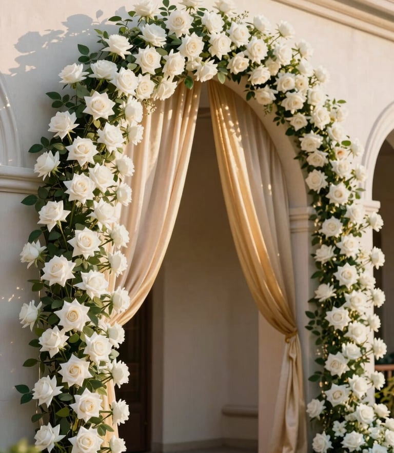 Soft golden-hour light illuminating a grand architectural archway decorated with cascading white roses and champagne gold drapes, 35mm editorial photography