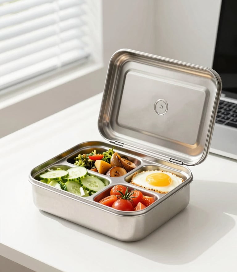 Bright editorial food photography of a modern stainless steel tiffin box being opened at a clean office desk, natural window light, vibrant colors, sharp focus, 50mm lens
