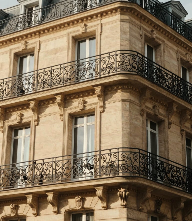Warm editorial photography of a sunlit Haussmannian balcony with elegant black iron railings, warm stone facade, soft Parisian afternoon daylight, 35mm lens.