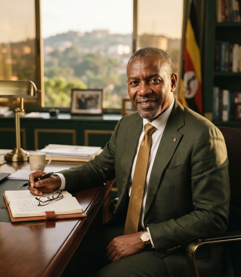 Warm editorial portrait of a dignified East African executive in a structured, sunlit office in Kampala, deep green tones, 35mm
