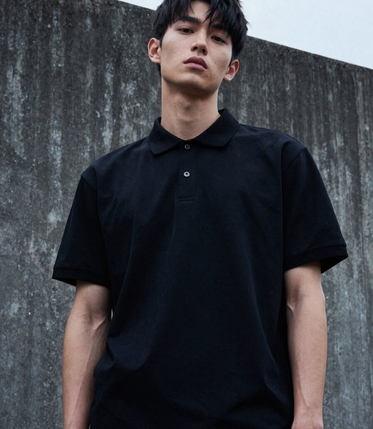 Low-angle studio shot of a model wearing a heavy-drape black polo t-shirt against a dark concrete wall, cool overcast lighting, film grain texture.