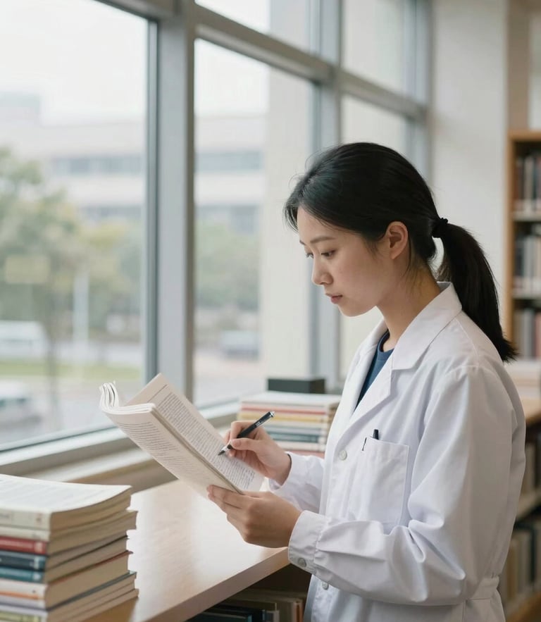 A focused researcher reviewing printed academic journals by a large library window, soft natural daylight, shallow depth of field, 35mm lens