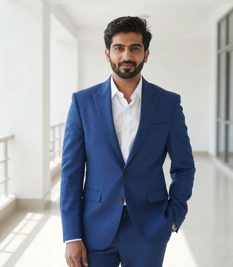 Candid, high-quality editorial portrait of Shivank Suhendra in a bright, modern architectural space, natural daylight, soft shadows, 35mm