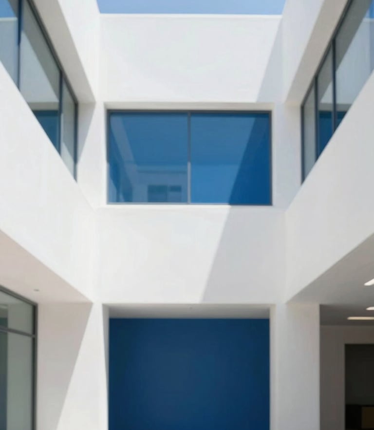 Bright natural daylight illuminating a modern minimalist office atrium in Riyadh, clean white and royal blue tones, 35mm