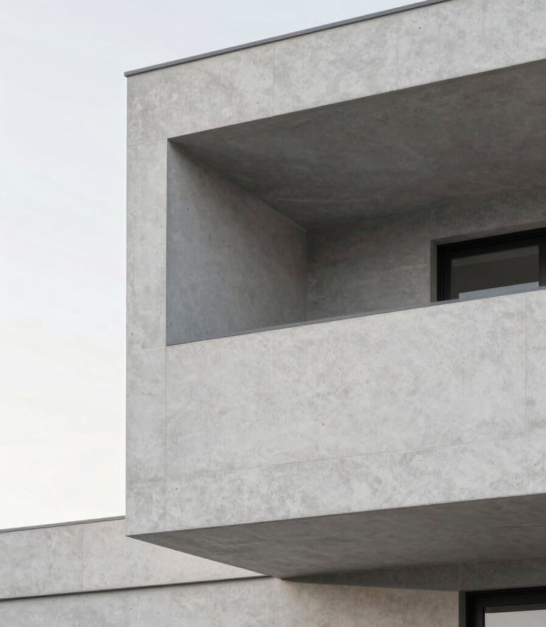 A minimalist architectural detail of a modern home facade, clean concrete angles, soft natural daylight, muted cool tones, 35mm