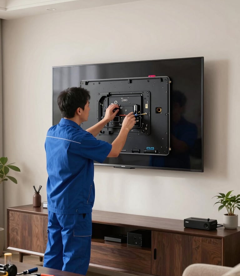 Wide panoramic shot of a technician in a blue uniform carefully inspecting the back panel of a large Panasonic television mounted on a wall in a well-lit living room, focused expression, specialized tools visible on a side table.