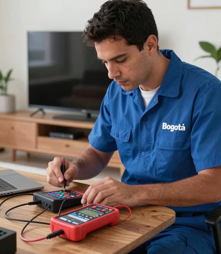 Primer plano de un técnico profesional con uniforme azul corporativo usando un multímetro digital para probar la tarjeta electrónica de un televisor smart TV de Panasonic, luz de trabajo enfocada, fondo de apartamento moderno en Bogotá.