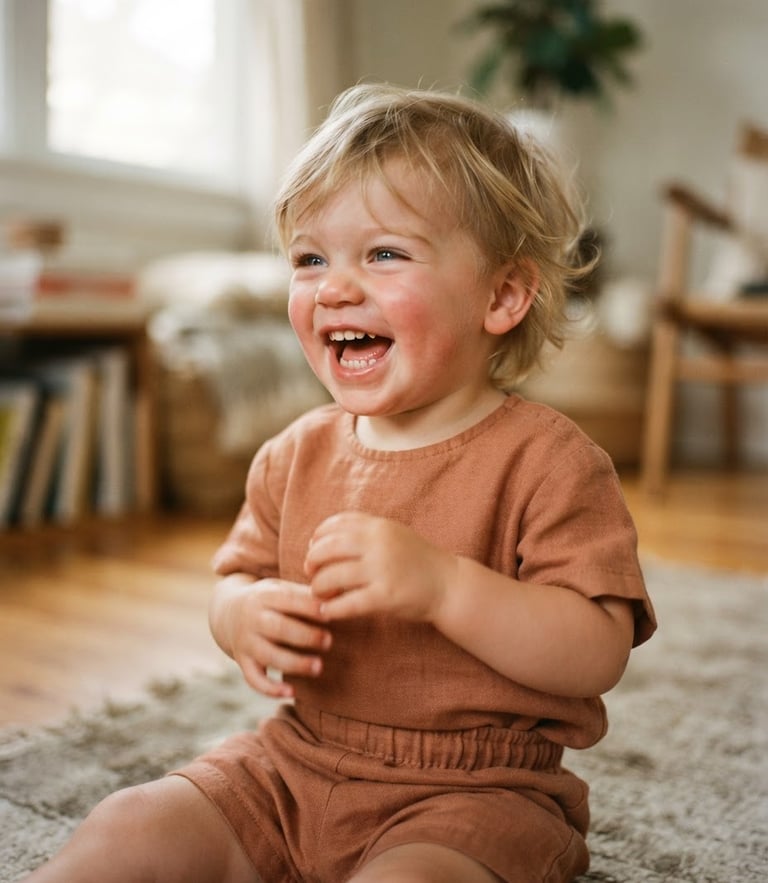 Candid close-up of a toddler laughing in a soft terracotta co-ord set, warm morning light, shallow depth of field, 35mm film style.