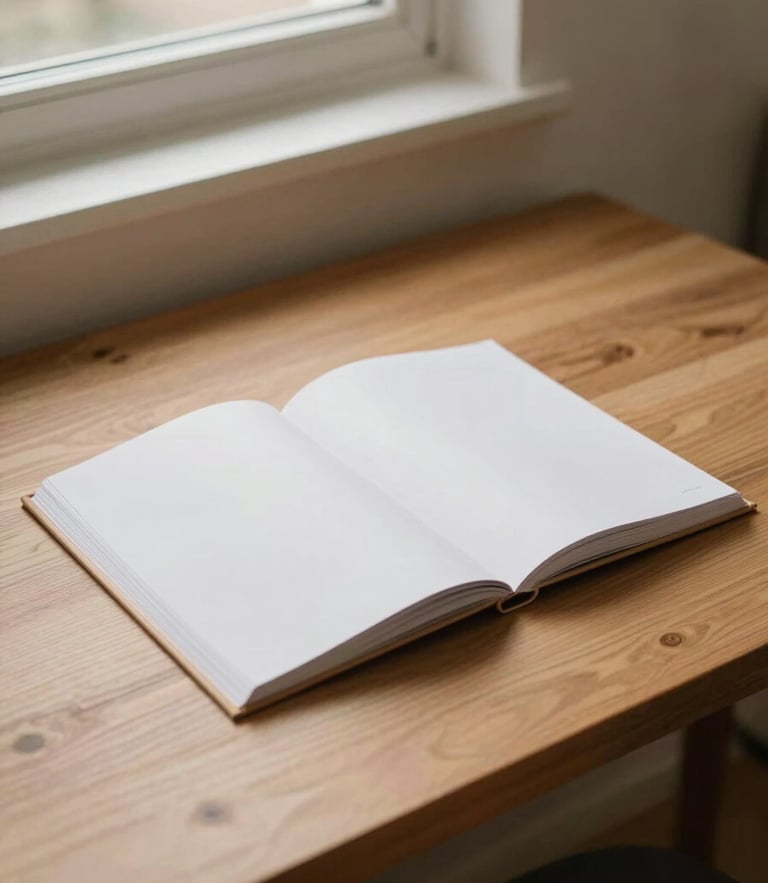A clean, minimalist photo of a well-organized wooden desk with a single open dossier, soft natural light from a side window, warm editorial tone.