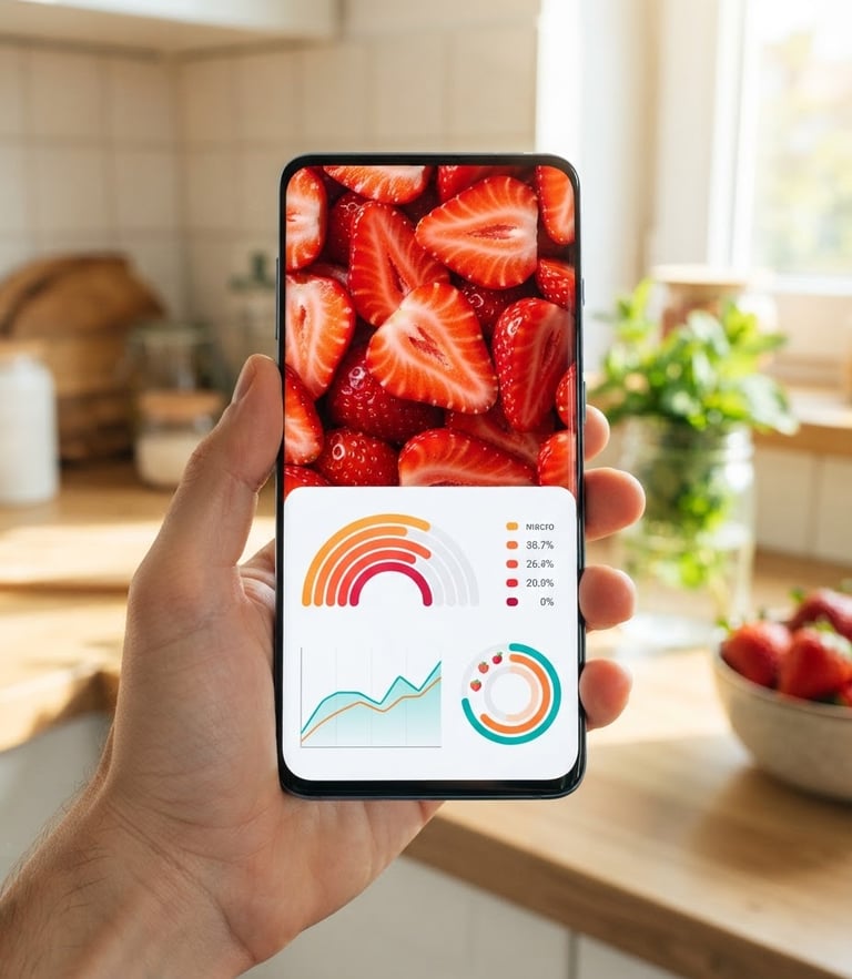 A clean digital interface mockup on a modern smartphone, displaying vibrant sliced strawberries and macro charts, bright sunlit kitchen background, crisp editorial focus.