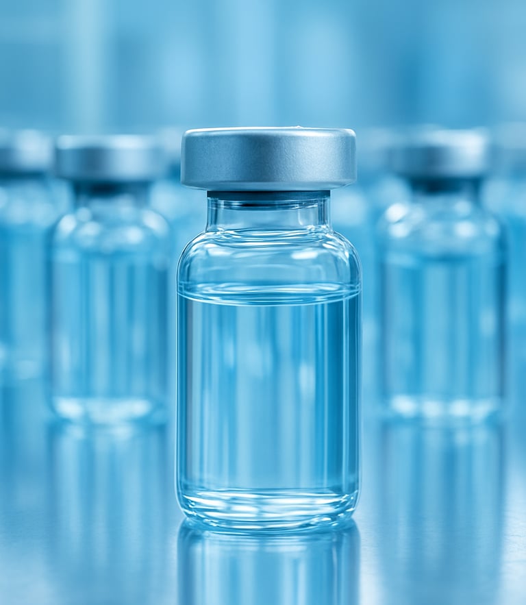 Macro photograph of sterile vaccine vials under blue clinical lighting, high-precision pharmaceutical manufacturing, cleanroom environment, 50mm