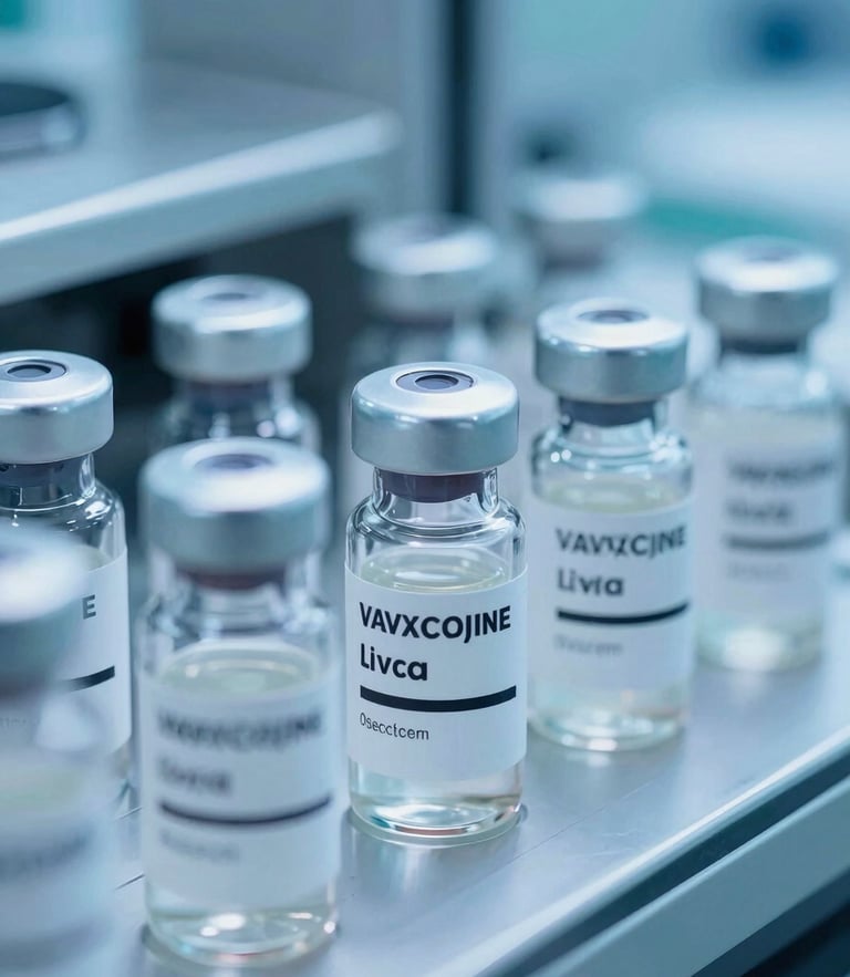 Macro clinical photograph of sealed vaccine vials on a high-precision sterile manufacturing line, cool blue and medical teal lighting, 50mm