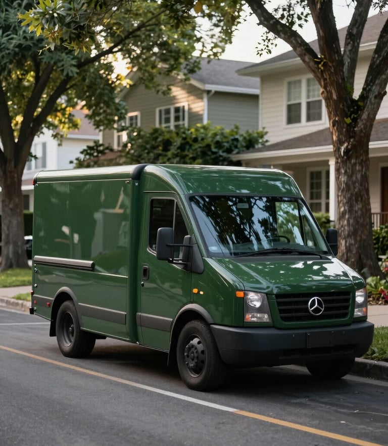A clean, unmarked dark green delivery vehicle parked on a quiet, tree-lined residential street in Alexandria, soft natural afternoon sunlight filtering through the leaves.