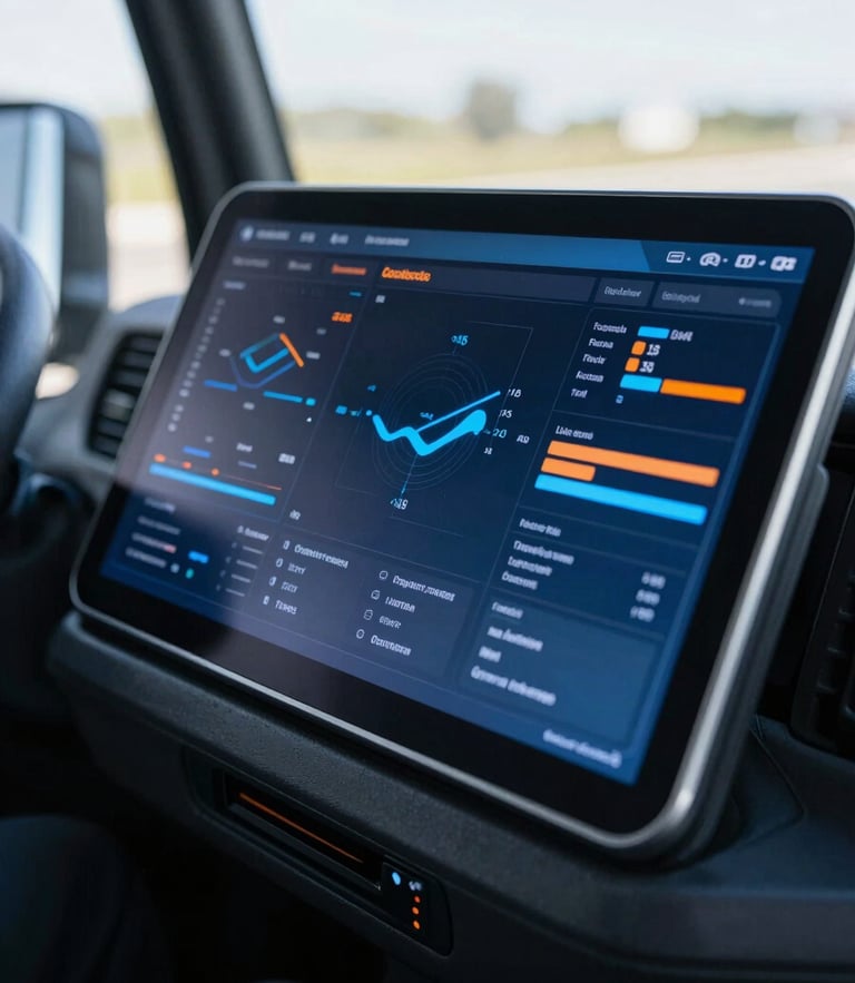 Close-up of a modern digital logistics dashboard on a tablet inside a truck cabin, glowing blue and orange data visualizations, high-contrast, realistic.