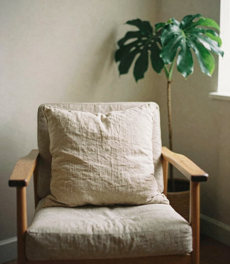 Softly lit empty therapy room with a wooden chair, linen pillows, and a lush green plant in the corner, warm diffused morning light, muted earth tones