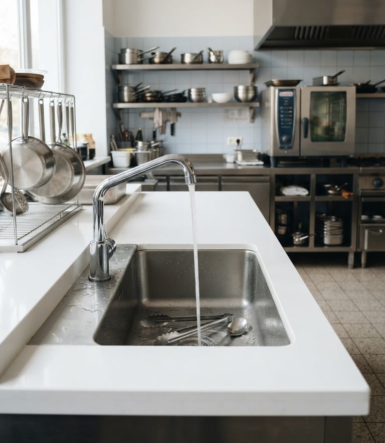 Bright modern kitchen post-service, gleaming white countertops, clean stainless steel sink with water flowing freely, soft daylight, professional atmosphere
