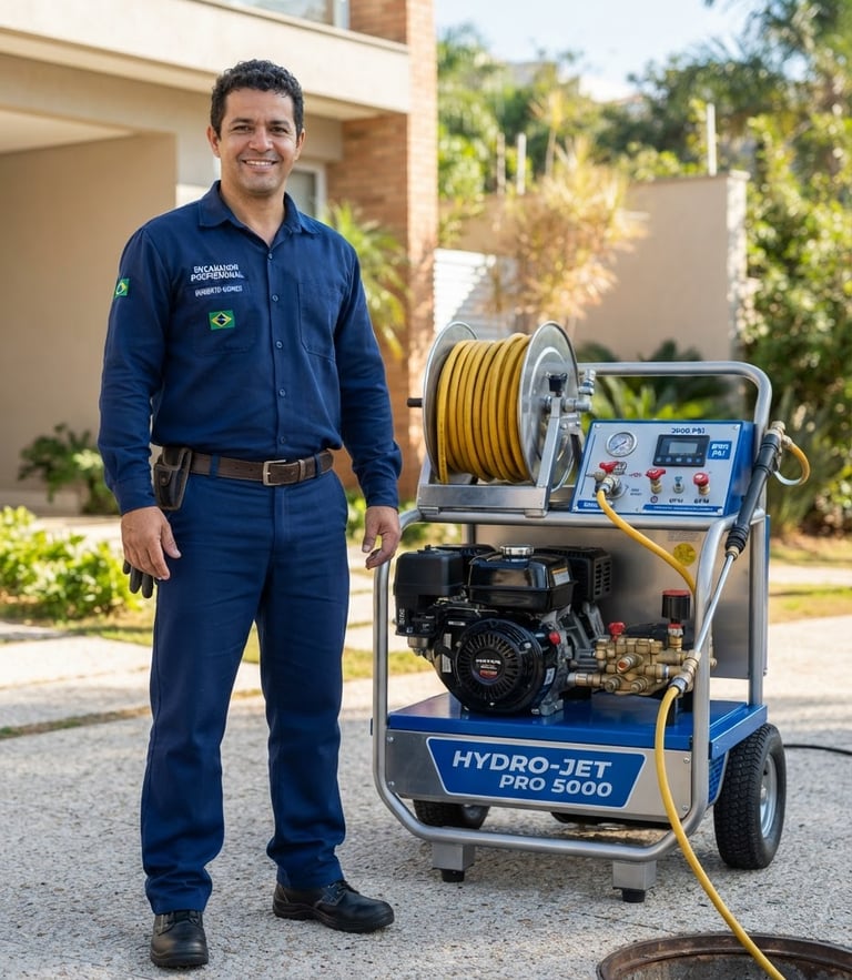 A professional Brazilian plumber in a clean blue uniform standing next to a high-tech hydro-jetting machine, bright daylight, high trust.