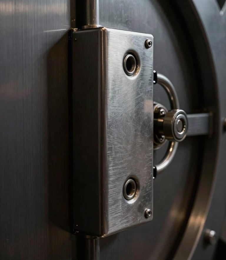 Macro close-up of a heavy brushed-steel vault door locking mechanism, low-key dramatic lighting, deep shadows, metallic highlights, sharp focus.