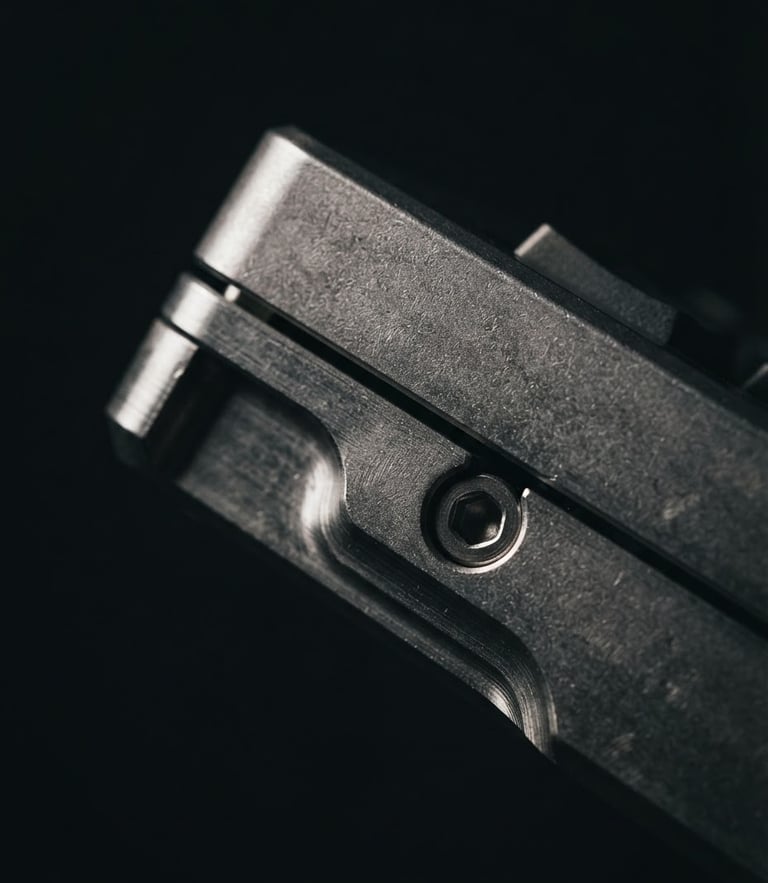 Extreme macro-focused product photography of a raw 6063 aluminum keyboard side profile, low-key directional side-lighting with deep shadows