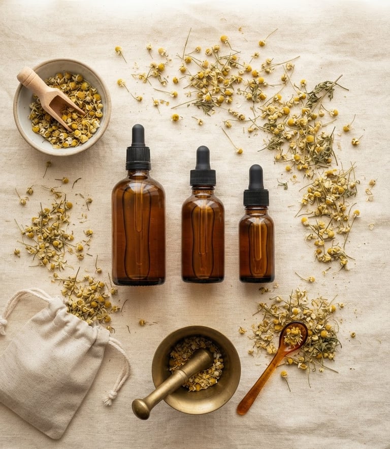 A clean overhead flat-lay of amber glass tincture bottles and dried chamomile flowers on a warm cream linen cloth, soft diffused daylight