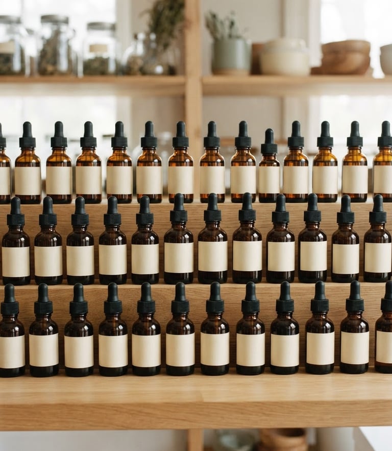 A straight-on clean shot of amber glass tincture bottles arranged neatly on a light oak wooden shelf under soft diffused daylight.