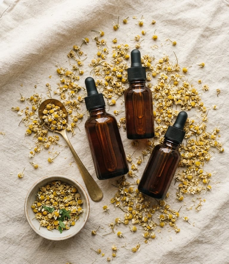 Overhead flat-lay of clean amber glass tincture bottles and loose dried chamomile on a textured cream linen cloth, soft diffused daylight