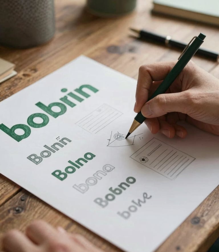 A close-up of hands sketching a brand layout on thick heavy paper on a rustic wooden table, soft warm indoor lamplight, 35mm editorial photography