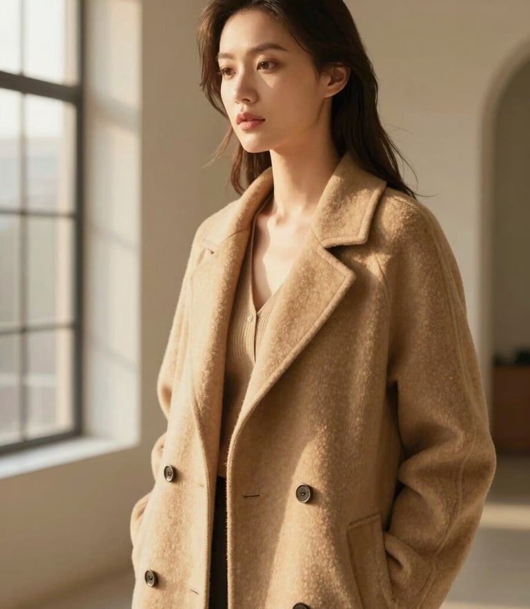 Elegant woman in a sand-colored wool coat, soft golden hour window light, minimalist architectural background, warm editorial fashion photography
