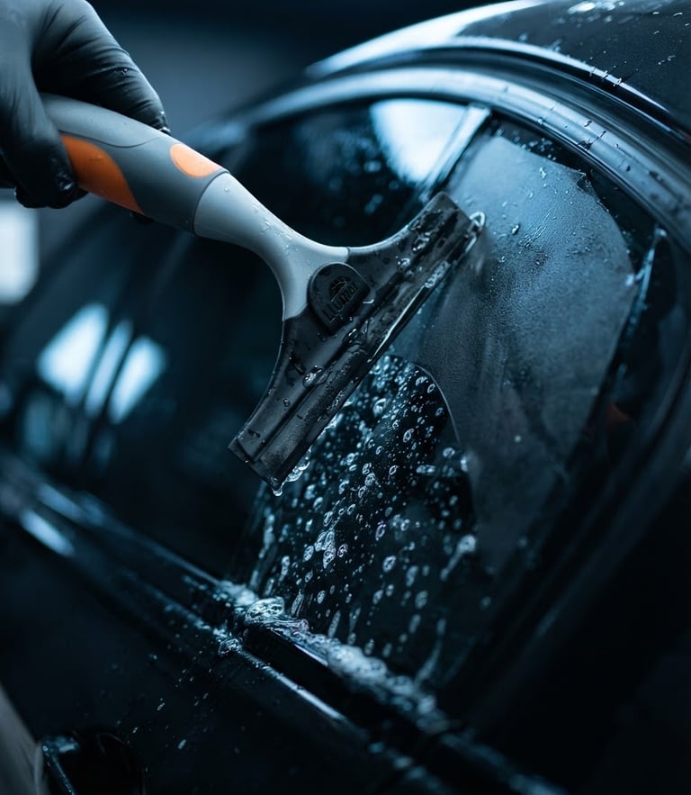 Macro shot of a squeegee pressing water out from a dark window film on a luxury car window, intense clean studio lighting, cool blue highlights