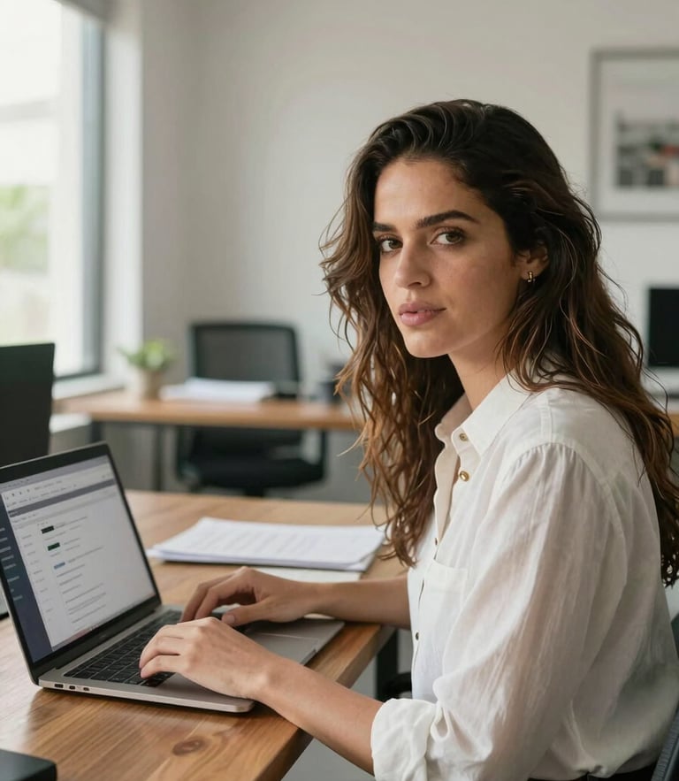 Medium-close portrait of Rosalía Rojas González in a bright, modern office in San Juan, natural Caribbean daylight softening the indoor space, sitting at a clean wooden desk with a laptop displaying a Shopify dashboard, direct eye contact, professional and warm.
