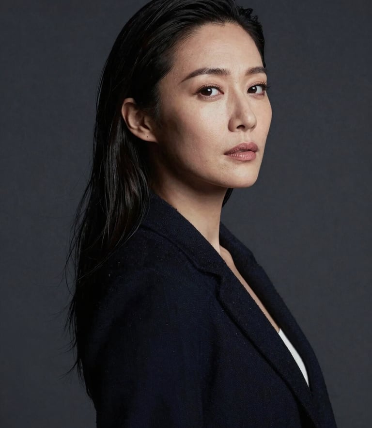 Moody low-contrast professional portrait of a female art director in a dark studio, dramatic side lighting casting soft shadows, editorial style, charcoal background.