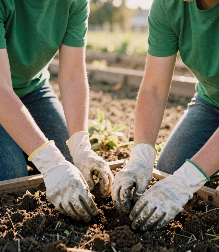 Candid medium shot of two volunteers in work gloves planting a community garden, warm golden-hour light, earthy green tones, 35mm film aesthetic