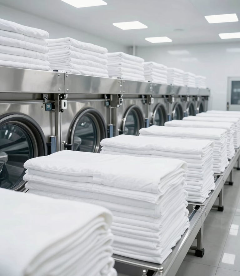 Wide angle shot of a state-of-the-art industrial laundry facility, bright clean white lighting, large stainless steel washing tunnels, perfectly aligned stacks of fresh white hotel sheets, crisp cool tones, sharp focus, 35mm