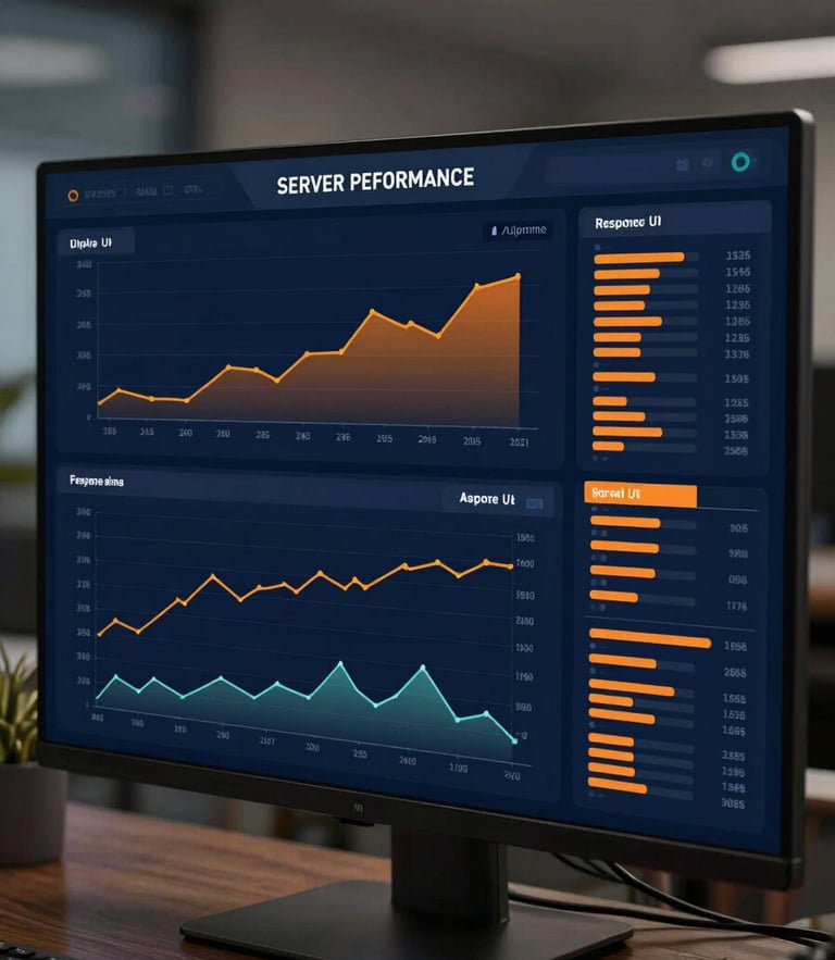 Vector UI mockup of a server performance dashboard, displaying clean uptime graphs, response time metrics, and flat technical data panels in deep blue and orange.