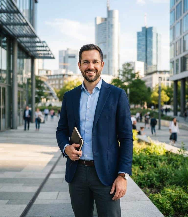 Professional portrait of a male energy consultant in business-casual attire, looking confident, warm natural daylight, modern architectural background in Frankfurt, 35mm photography.
