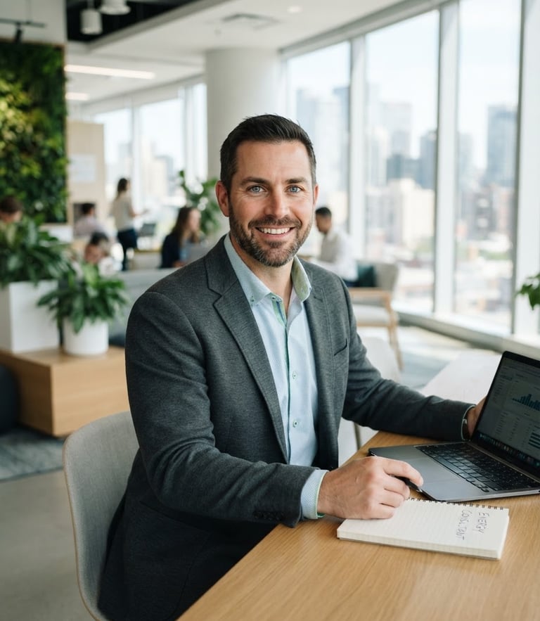 Professional portrait of a male energy consultant in business-casual attire, bright natural daylight, clean green accents, sharp focus, modern real estate office background, 35mm
