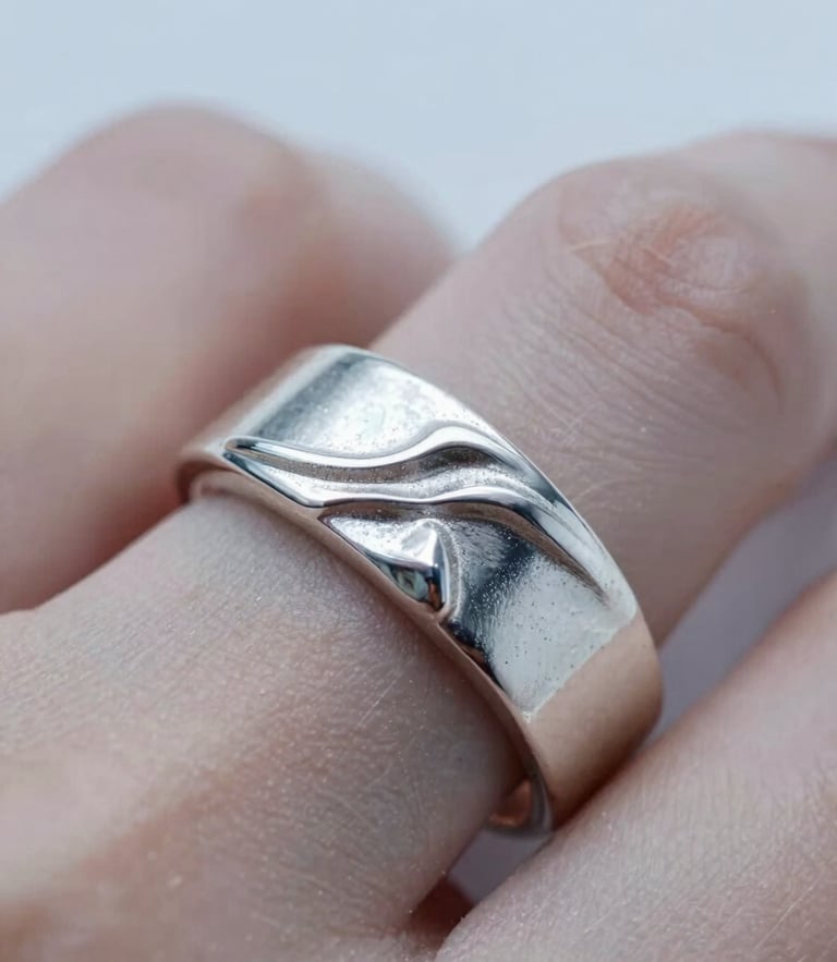 Extreme macro close-up of a sculpted 925 sterling silver ring on a finger, cool diffused daylight, crisp metallic highlights, shallow depth of field