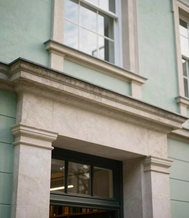 An architectural detail of a classical stone library entrance, soft morning window light, shallow depth of field, 35mm