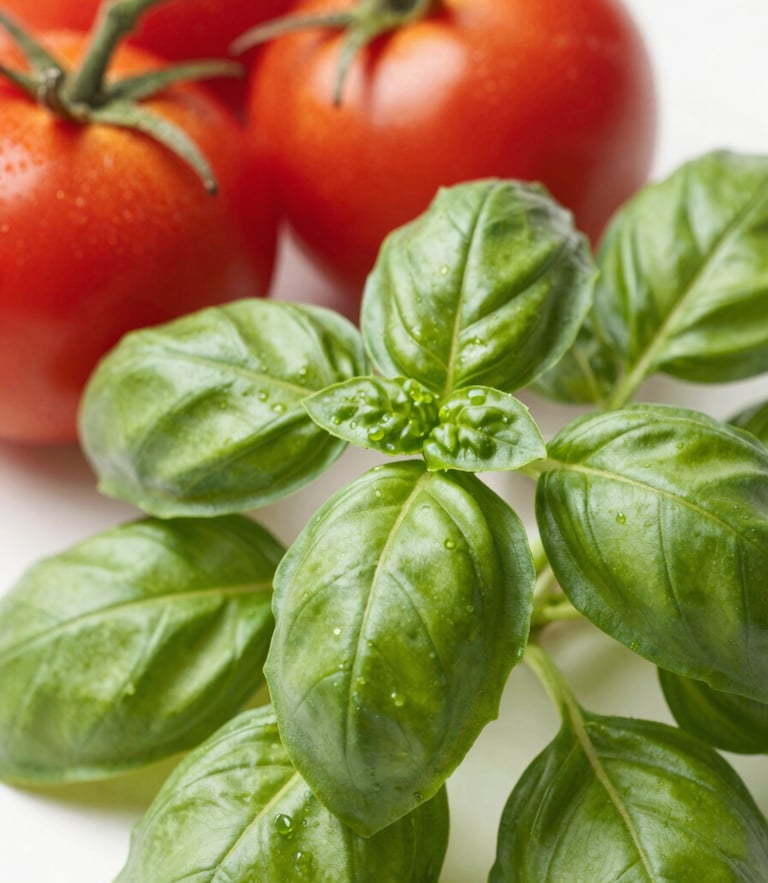 Eye-level close-up of vibrant green basil leaves and fresh red tomatoes on the vine, bright natural morning daylight, soft shadows, 35mm lens