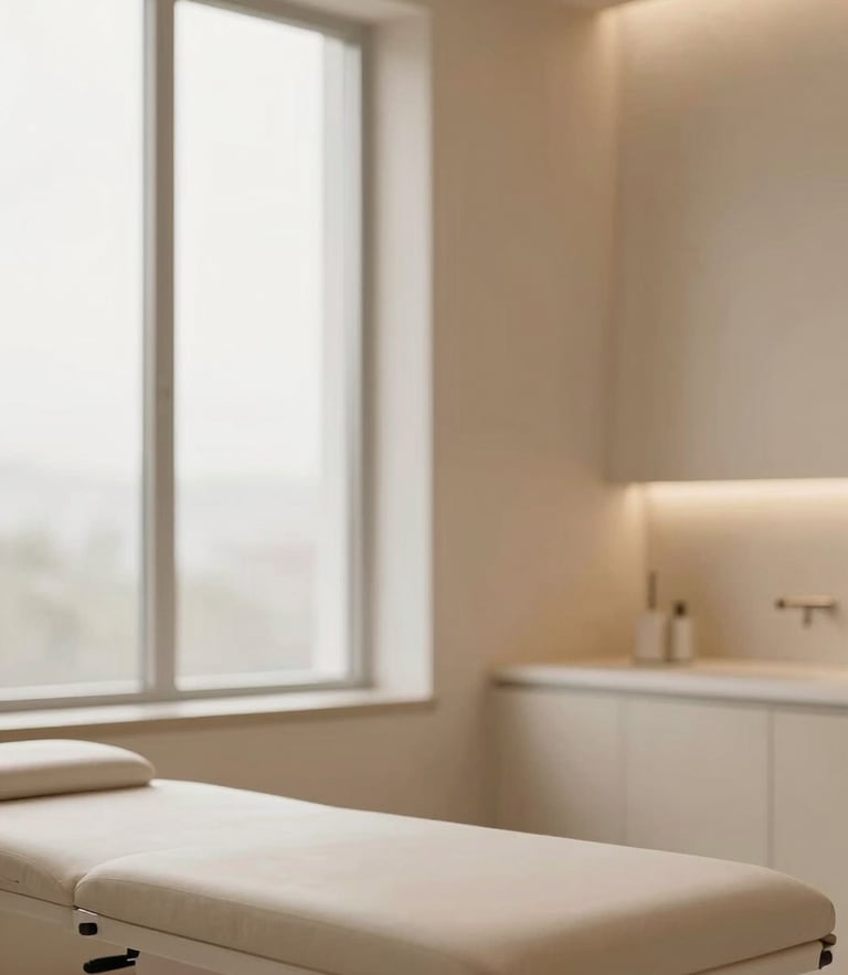 Premium clinical aesthetics interior with warm sand tones, clean architectural lines, soft window light, minimalist treatment room, 85mm lens