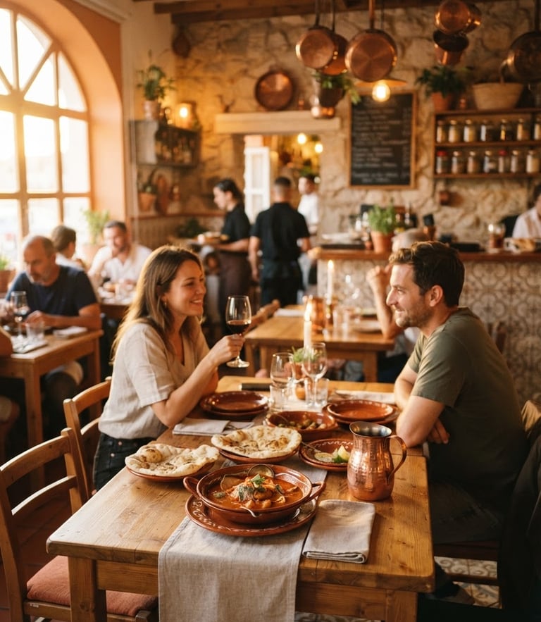 Warm, inviting interior of Spicey Garden restaurant in Olhão, golden-hour light illuminating wooden tables, terracotta accents, and copper decor, cozy dining room setup, 35mm photography