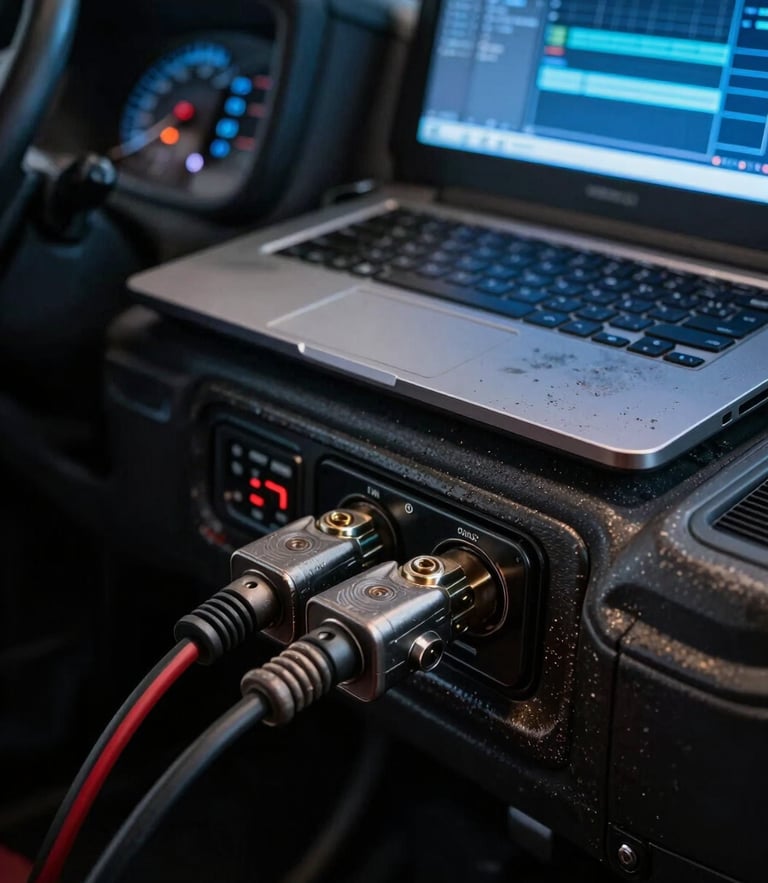 Close-up shot of a rugged 9-pin diagnostic cable plugged into a heavy-duty truck dashboard, the cool blue glow of a laptop screen displaying diagnostic software in a dark truck cab, high-contrast low-key lighting, road grime and industrial textures visible.