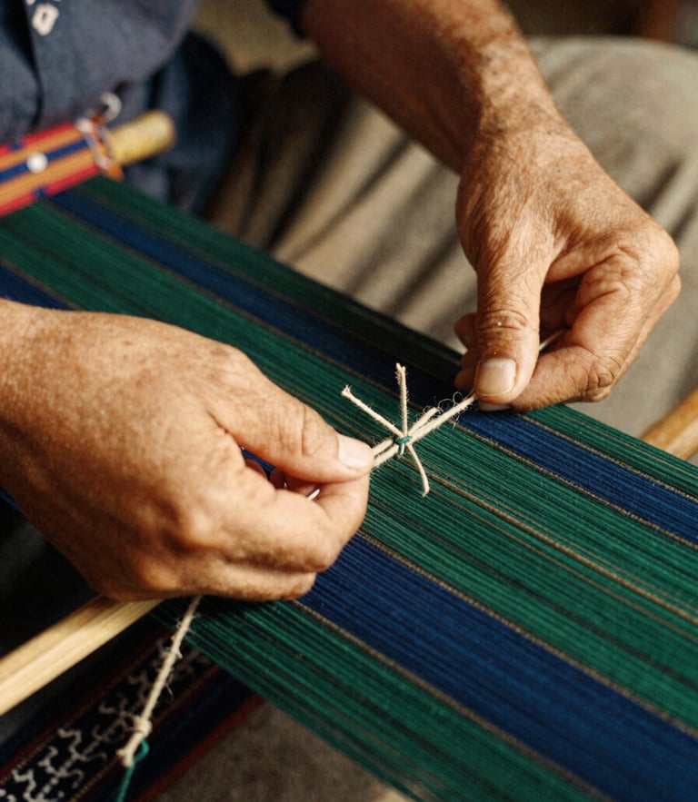 Close-up of artisan hands weaving traditional ikat under soft golden hour light, rich threads of indigo and forest green, 35mm film.