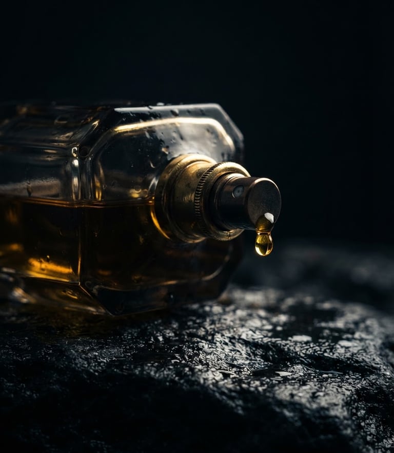 Macro photography of a heavy glass perfume bottle on a dark, wet basalt surface, a single drop of golden oil clinging to the nozzle, dramatic chiaroscuro lighting, rich gold highlights, deep black background.