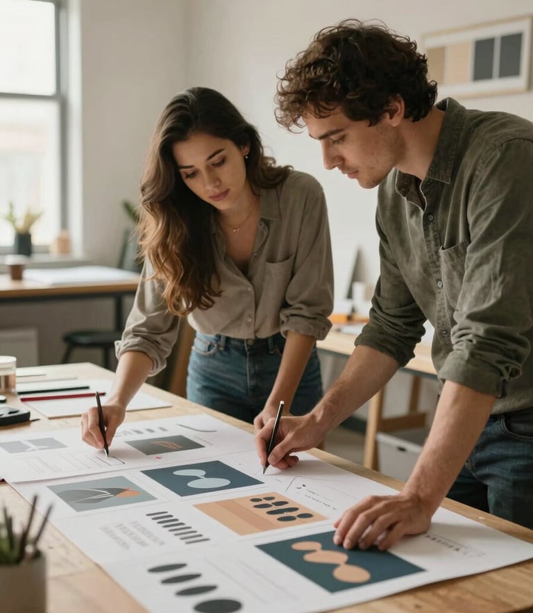 Warm environmental portrait of two designers collaborating over physical brand style boards in a naturally lit Provo studio space.