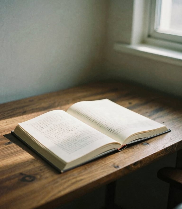 A quiet reading corner with a wooden desk, an open book with handwritten notes, soft diffused natural window light casting long shadows, muted earth tones, 35mm film photography.