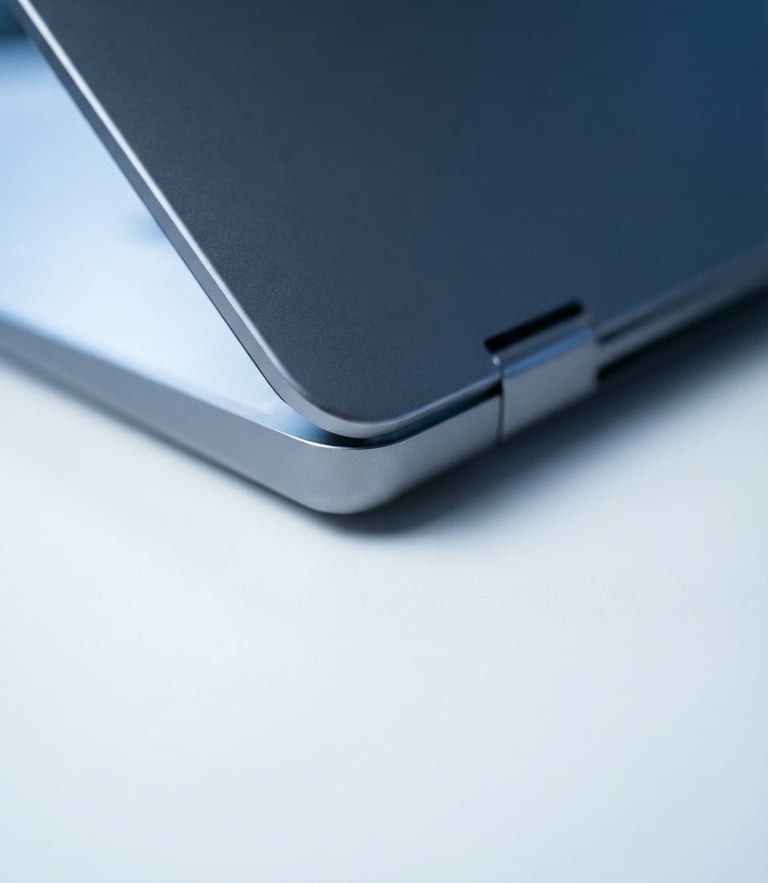 Sleek metallic laptop on a minimalist white desk, cool studio lighting with soft blue ambient fills, macro focus, 85mm